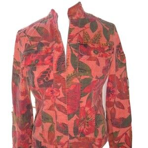 CHICOS Jacket SZ 0 Floral Cotton/spandex Blazer Coral peach Boho Cottagecore